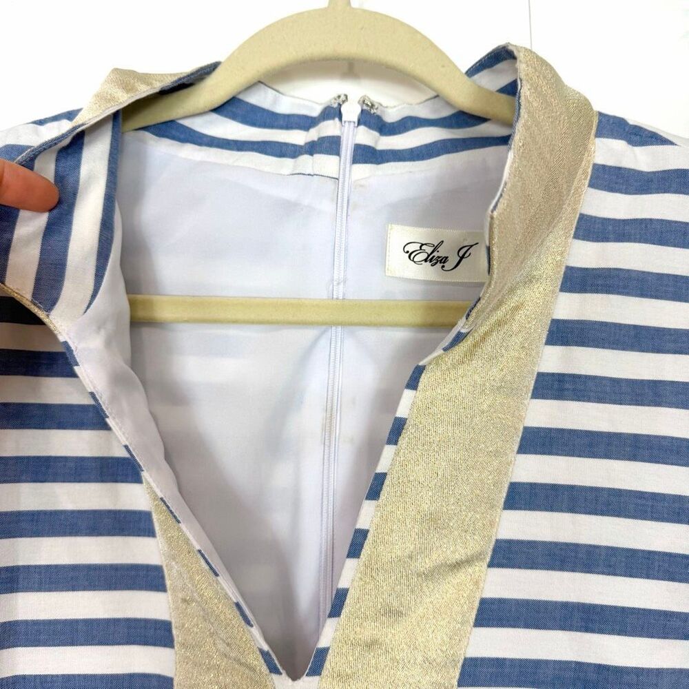 Eliza J Dress 16 Blue White Stripe Nautical Gold V Neck Cotton Mini Tunic short - Picture 5 of 16